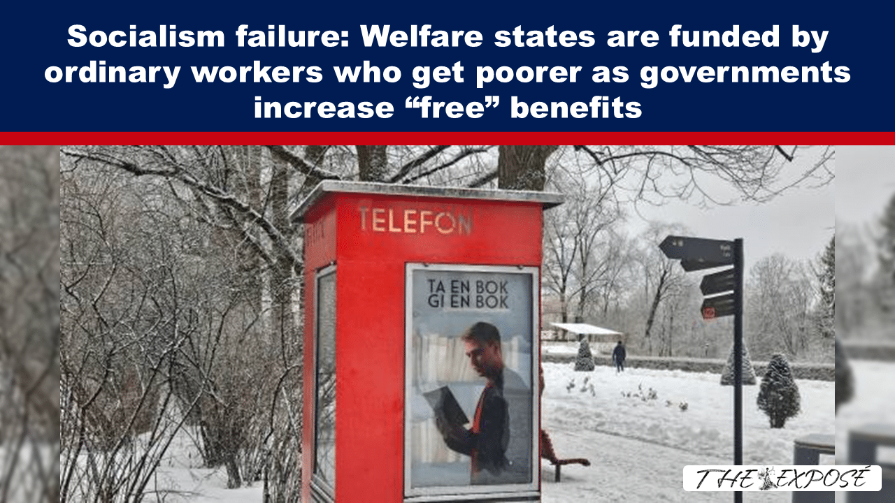 Bold blue banner with a political claim above a snowy park scene featuring a red telephone booth and a man reading a book poster.