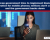 News article header about biometric registration; woman in a tech office looks at her smartphone with a man at a laptop in the background.