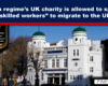 Headline banner reporting that an Iranian regime charity may sponsor skilled workers to migrate to the UK, over a white Islamic center building in England.