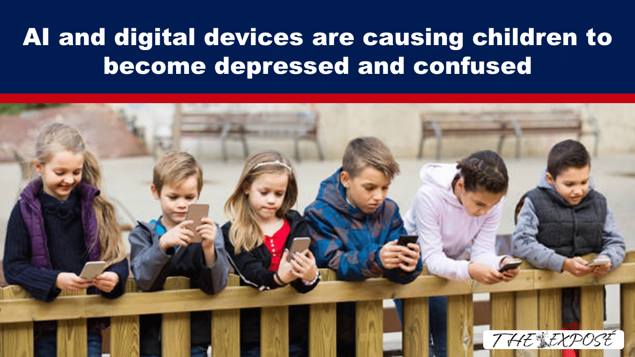 Banner headline: 'AI and digital devices are causing children to become depressed and confused' with kids leaning on a fence and using smartphones below it, conveying concern about tech impact on kids' mental health in a public banner image.