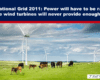 Blue header reads 'UK’s National Grid 2011: Power will have to be rationed because wind turbines will never provide enough energy' over a wind farm with grazing cows in a green field.