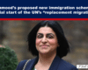 Headline banner questions if Mahmood's immigration proposal starts the UN's 'replacement migration', featuring a smiling woman in a dark blazer outdoors.