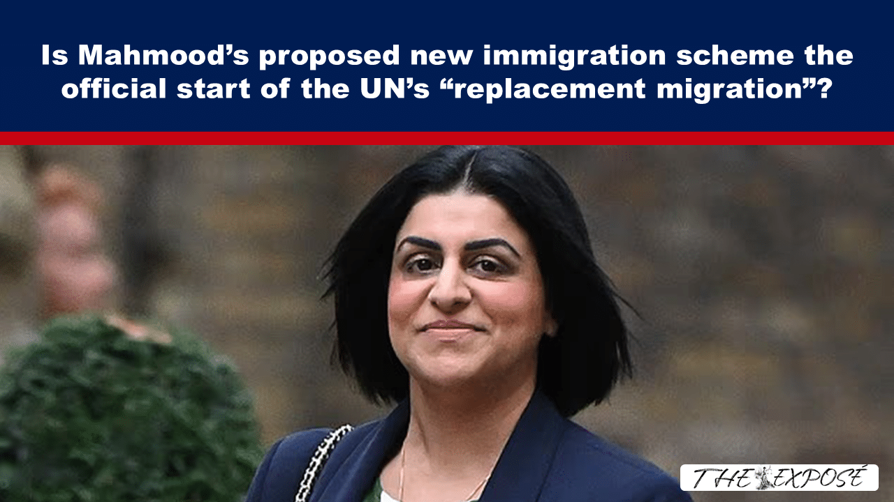Headline banner questions if Mahmood's immigration proposal starts the UN's 'replacement migration', featuring a smiling woman in a dark blazer outdoors.
