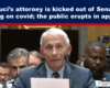 Speaker with white hair testifies at a Senate hearing; a bold headline banner about Fauci’s attorney sits above him.