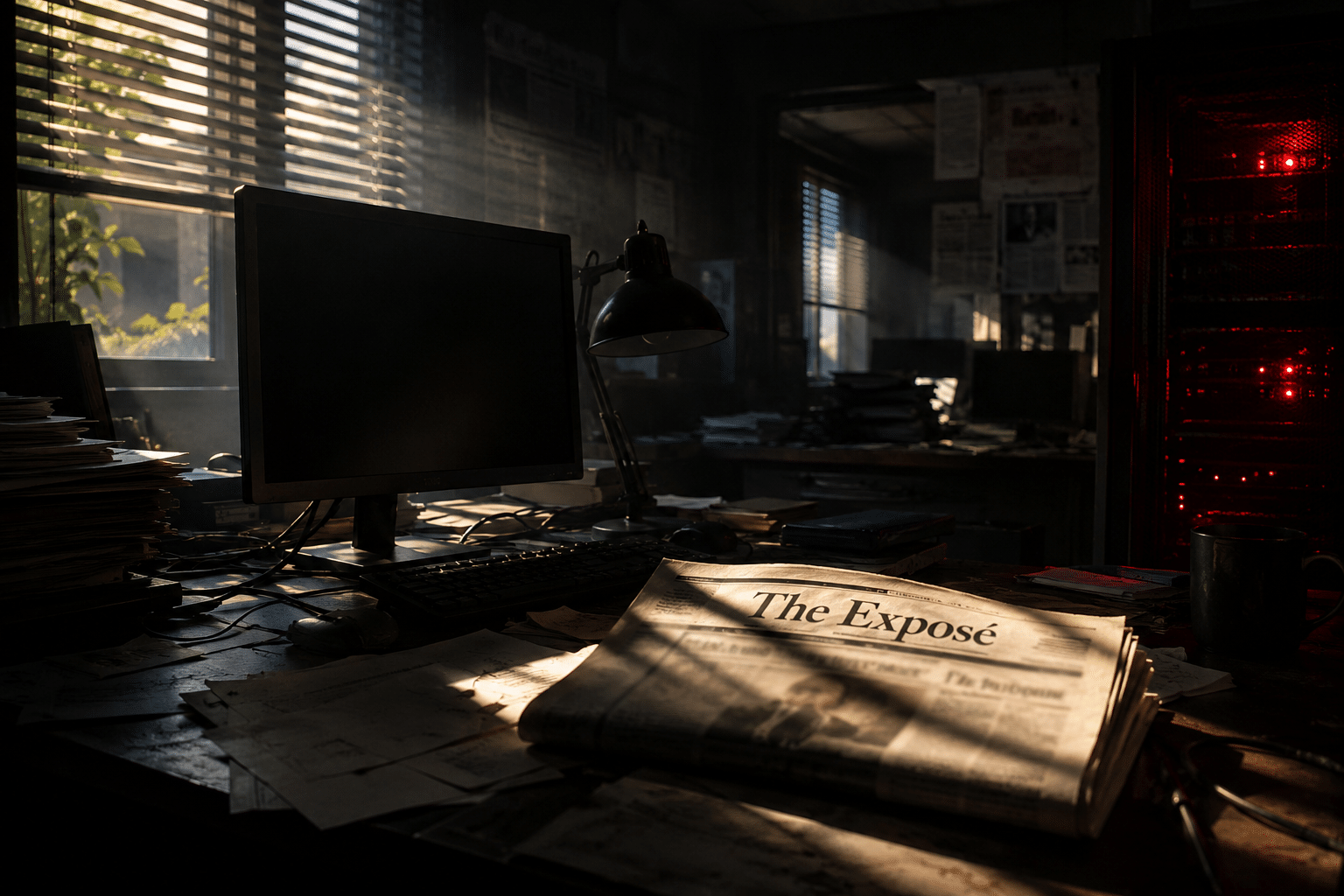 generate an image: A dramatic midsummer scene inside a dark, temporarily abandoned newsroom. A computer monitor sits black and unresponsive on a desk, surrounded by scattered research papers, cables and a small desk lamp that has gone out. In the foreground lies a folded newspaper with the masthead **“The Exposé”** clearly visible; all other text is blurred or too small to read. Bright July sunlight pushes through partially closed blinds, casting sharp bars of light across the desk, while the rest of the room remains in shadow. A faint red warning glow reflects from a nearby server cabinet, suggesting that the website has been forced offline by sustained digital pressure. The atmosphere should feel tense and uncertain, as though an independent voice has suddenly gone silent—but the sunlight touching *The Exposé* newspaper should suggest resilience and the possibility of returning. Cinematic editorial photography, realistic detail, strong light-and-shadow contrast, wide landscape composition suitable for a news website feature image. No people, no logos other than **“The Exposé”**, and no other readable words, symbols or interface text.