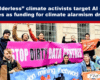 Group of climate activists protest outdoors, waving bright banners that read 'STOP DIRTY DATA CENTRES' and 'mining network' across a stone building backdrop.