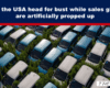 Aerial view of a weed-filled car lot with a bold headline: 'EVs in the USA head for bust while sales globally are artificially propped up'.