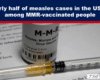 Banner headline about measles cases among MMR-vaccinated people; close-up of an MMR vaccine vial and syringe on paperwork.