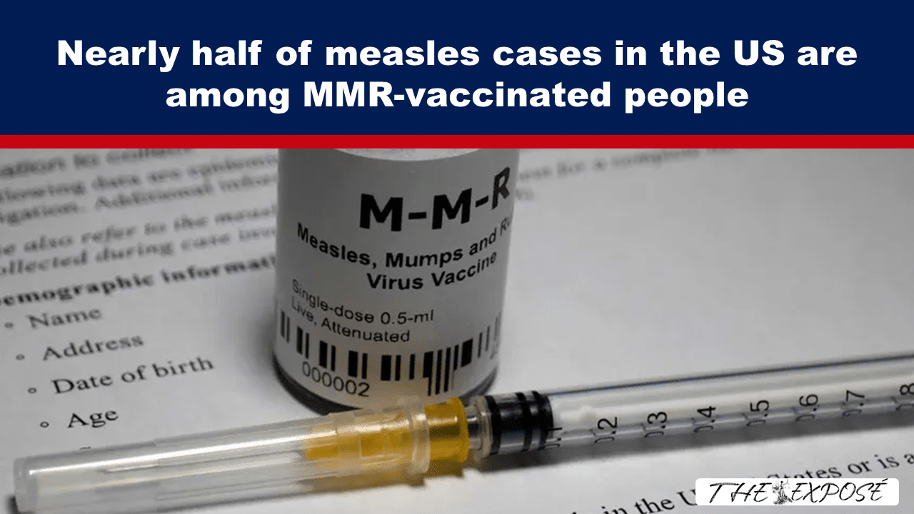 Banner headline about measles cases among MMR-vaccinated people; close-up of an MMR vaccine vial and syringe on paperwork.