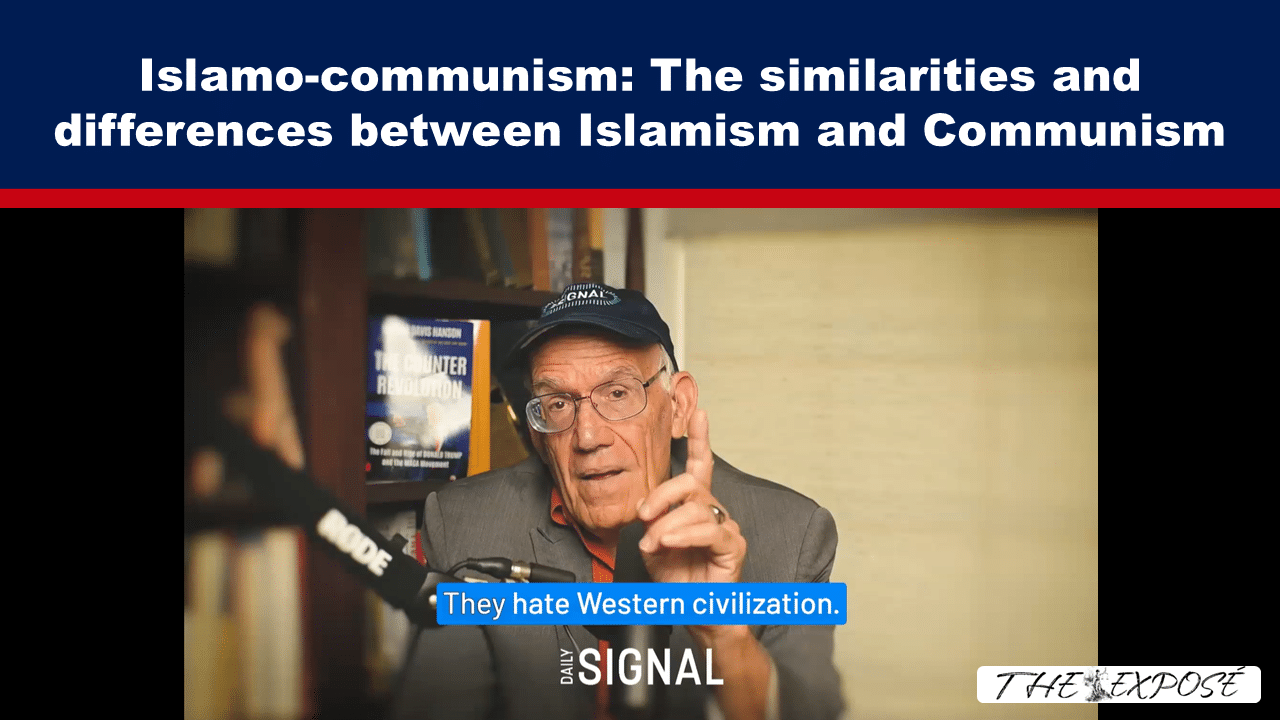 AugFeat1a - The Expose Banner headline about Islamo-communism above a video still of an elderly man in a cap and suit speaking into a microphone, captioned 'They hate Western civilization.'