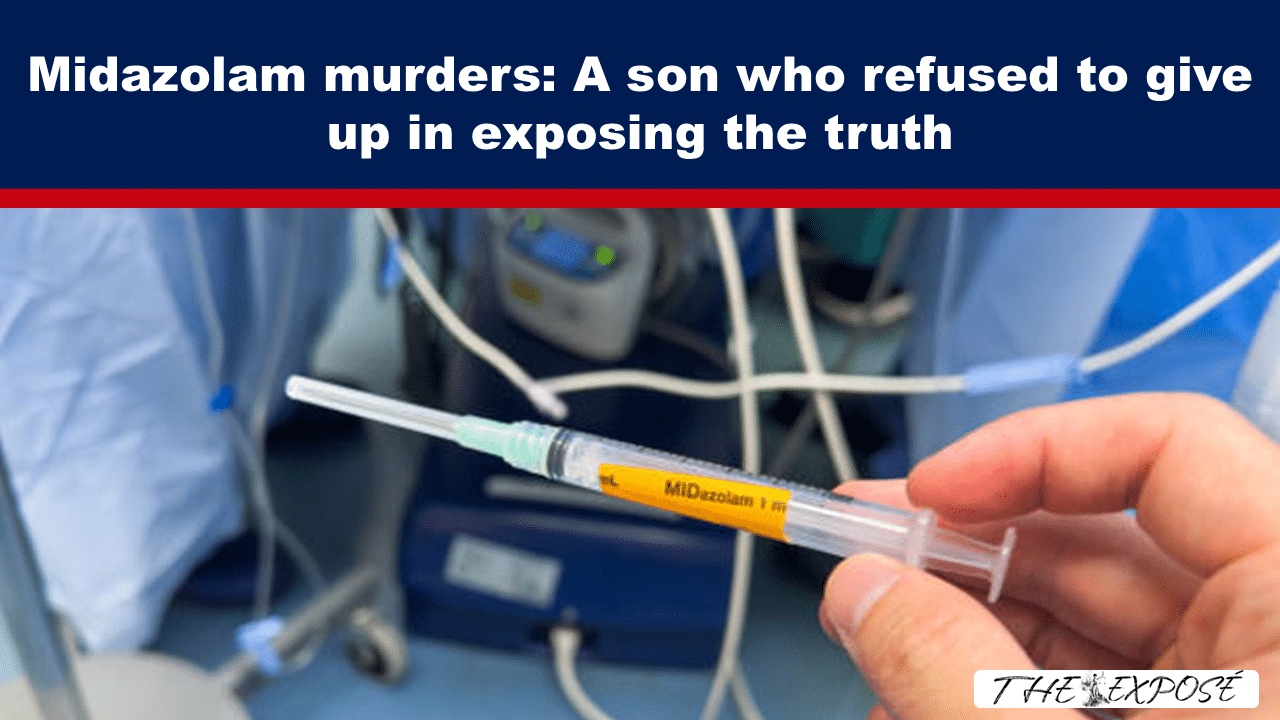 AugFeat1b - The Expose News banner: bold white headline on dark blue background about Midazolam murders; foreground shows a syringe in a hand.