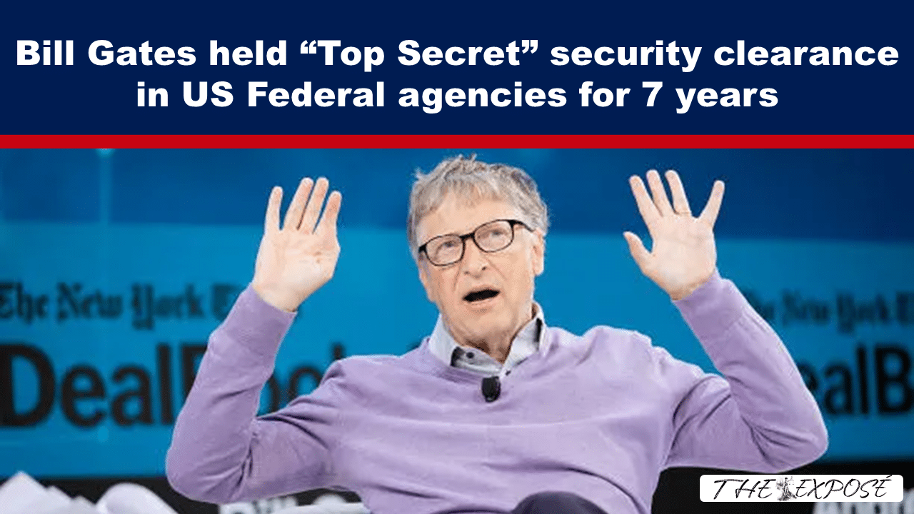 AugFeat2 - The Expose On-screen headline about a famous tech founder’s claimed top-secret security clearance; man on stage raises both hands.