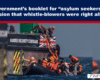 Border Security Command boat at sea with asylum seekers in orange life jackets clinging to the hull; headline discusses UK asylum policy and whistle-blowers.