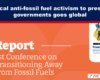 Header reads: 'Radical anti-fossil fuel activism to pressure governments goes global' over a dark blue banner; below is an orange poster for 'Report: 1st Conference on Transitioning Away from Fossil Fuels' with a logo on the right.