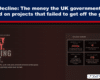 Banner headline: 'UK Decline: The money the UK government has wasted on projects that failed to get off the ground' on a dark blue background with a red divider line and infographic preview on the left.