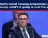 Politician in a suit and glasses at a panel, blue backdrop, with a bold headline about Burnham’s housing programme and public cost; Exposé watermark.