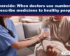 Nurse checks an older man's blood pressure on a couch; article headline reads 'Numericide: When doctors use numbers to prescribe medicines to healthy people' (informational image).