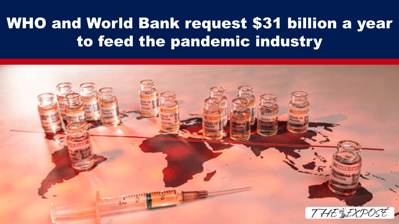 News image: headline reads 'WHO and World Bank request $31 billion a year to feed the pandemic industry' with vaccine vials and a syringe laid over a world map behind.