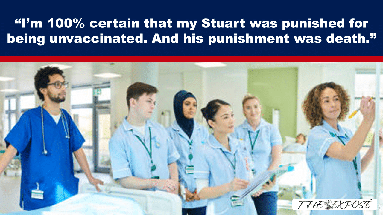 Quote image about punishment for unvaccination with healthcare team in a hospital setting. The group of clinicians stands together as a nurse writes on a clipboard while a presenter points at a board; featured quote at top reads about punishment and death.