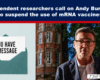 Headline banner calling on Andy Burnham to suspend the use of mRNA vaccines; left is an envelope with a message, right shows a man in a blazer outdoors.
