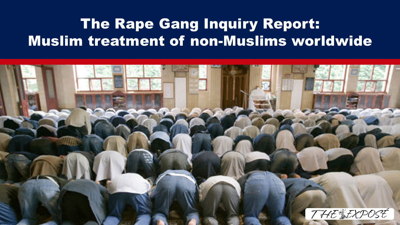 Header banner with the headline 'The Rape Gang Inquiry Report: Muslim treatment of non-Muslims worldwide' above a crowded prayer hall where people bow in prayer.