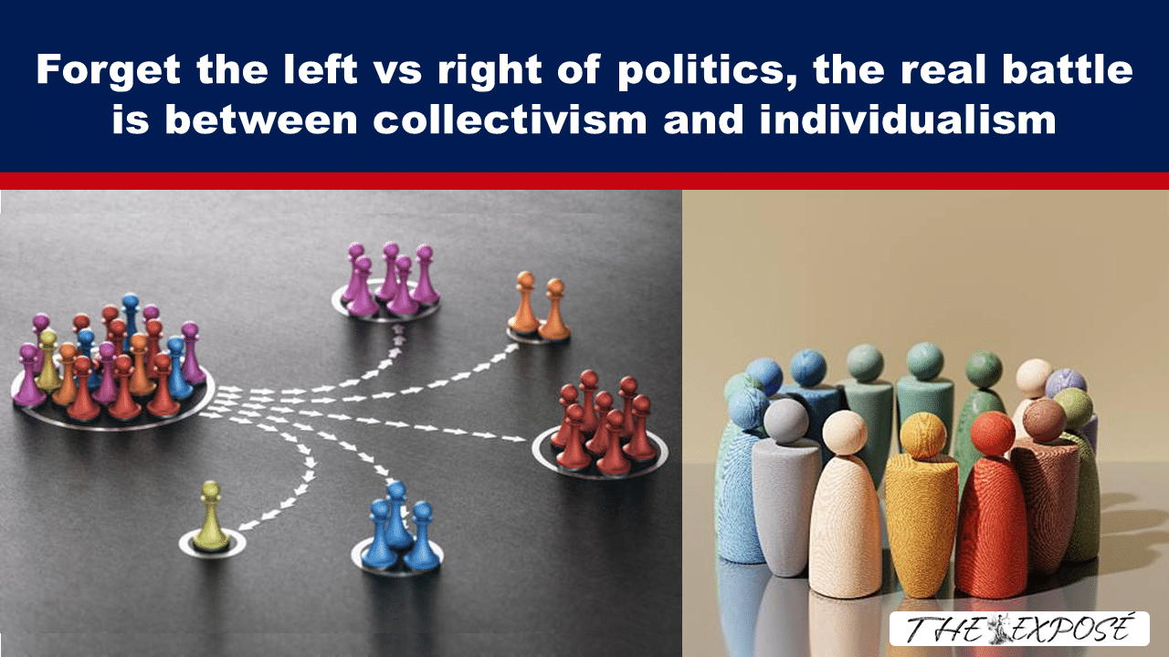 AugFeat2b - The Expose Banner headline about collectivism vs individualism; left shows interconnected pawns, right shows colorful figures in a circle.