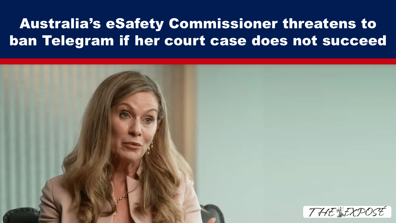 AugFeat3 - The Expose News banner about the eSafety Commissioner threatening to ban Telegram; woman speaks in an office setting.