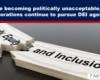 Bold headline claims major corporations pursue DEI agendas, with a cracked wooden sign reading 'Equality and Inclusion'.