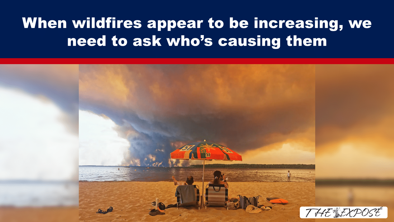 AugFeat3b - The Expose Article header: beach scene with a red umbrella and two people sitting, as a dramatic smoky sky frames the water; headline about wildfires.