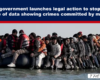 News banner about UK government action on data about crimes by migrants; photo shows a crowded migrant raft at sea beneath the headline banner.