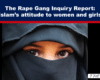 News banner with the headline about a rape gang inquiry and Islam, above a veiled woman's eyes showing through a dark veil.