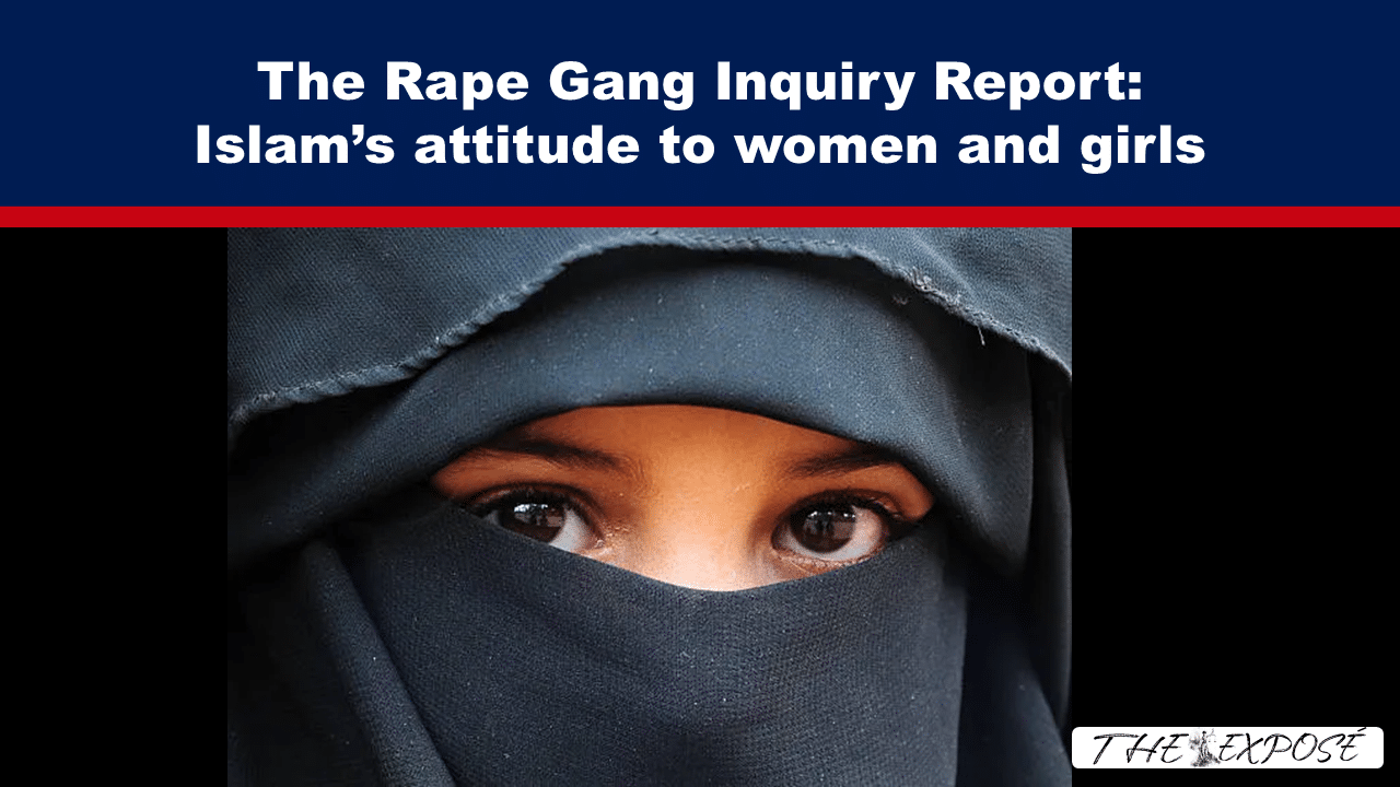 News banner with the headline about a rape gang inquiry and Islam, above a veiled woman's eyes showing through a dark veil.