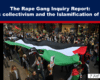 Crowd of protesters marching with a large Palestinian flag covering the front of the procession at street level, signs visible among the participants in a city setting.