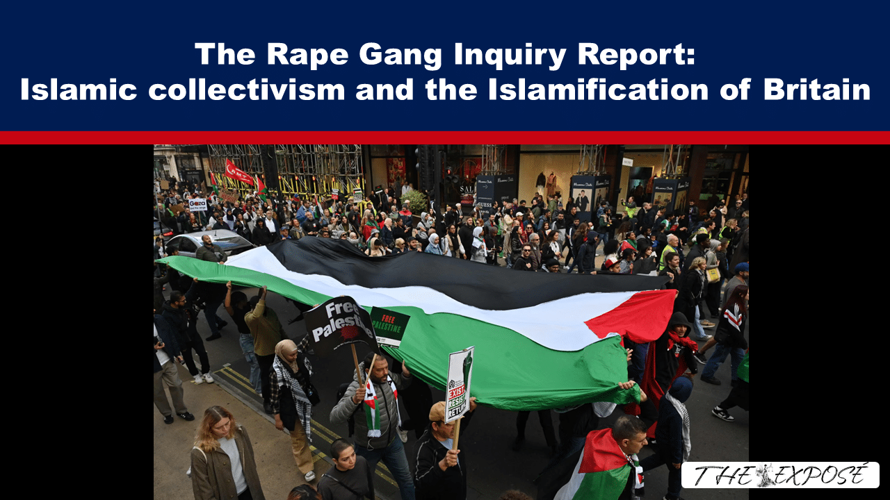 Crowd of protesters marching with a large Palestinian flag covering the front of the procession at street level, signs visible among the participants in a city setting.