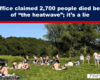 Banner text accusing the Met Office of a lie about heatwave deaths over a sunny park with sunbathers; THE EXPOSÉ logo.
