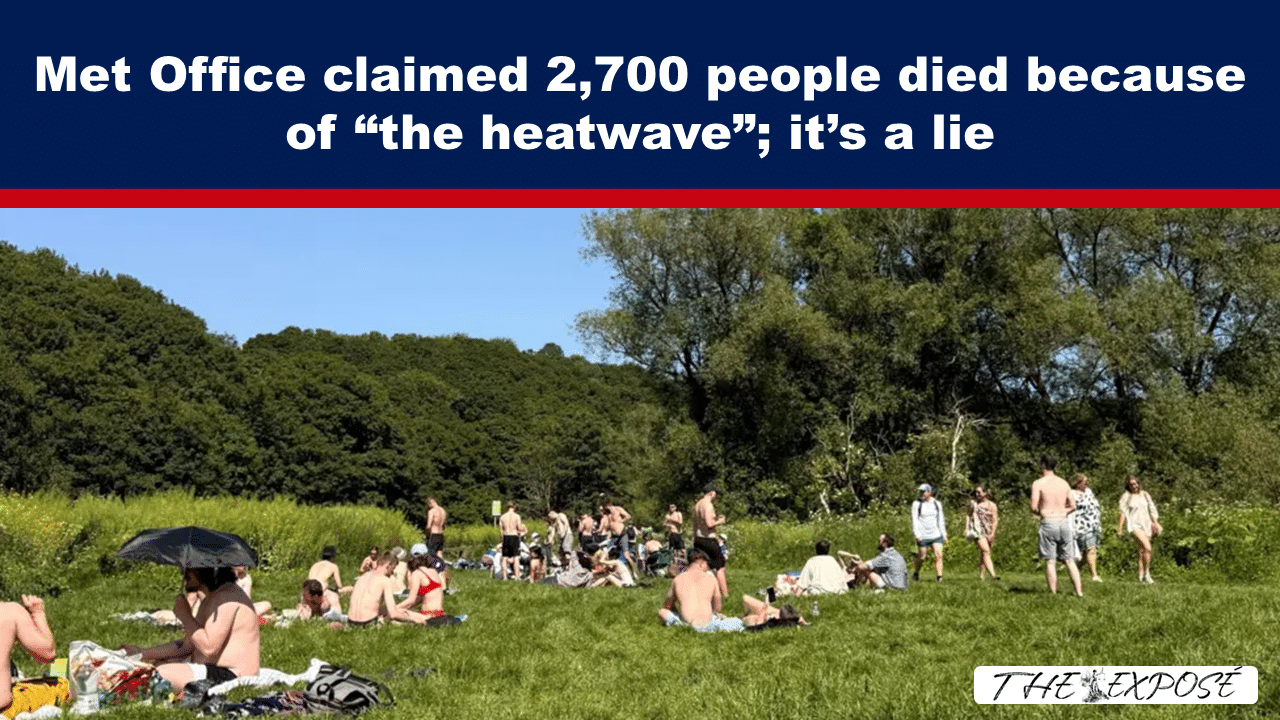 Banner text accusing the Met Office of a lie about heatwave deaths over a sunny park with sunbathers; THE EXPOSÉ logo.