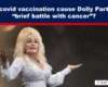 Banner headline about Dolly Parton and COVID vaccines over a photo of a blonde singer on stage in a glittery silver outfit.
