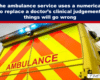 Headline about ambulance scoring replacing doctors' judgment, over a yellow ambulance with red chevrons in the image header.