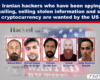 Headline about five Iranian hackers with five red-framed mugshots beneath, each with captions under a gray banner reading 'Hack(ed)'. The images imply US wanted wrongdoing be highlighted by the article.