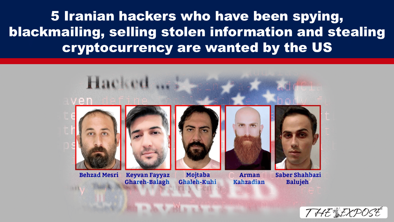 Headline about five Iranian hackers with five red-framed mugshots beneath, each with captions under a gray banner reading 'Hack(ed)'. The images imply US wanted wrongdoing be highlighted by the article.